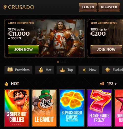 crusado homepage showing the welcome pack banner and game categories