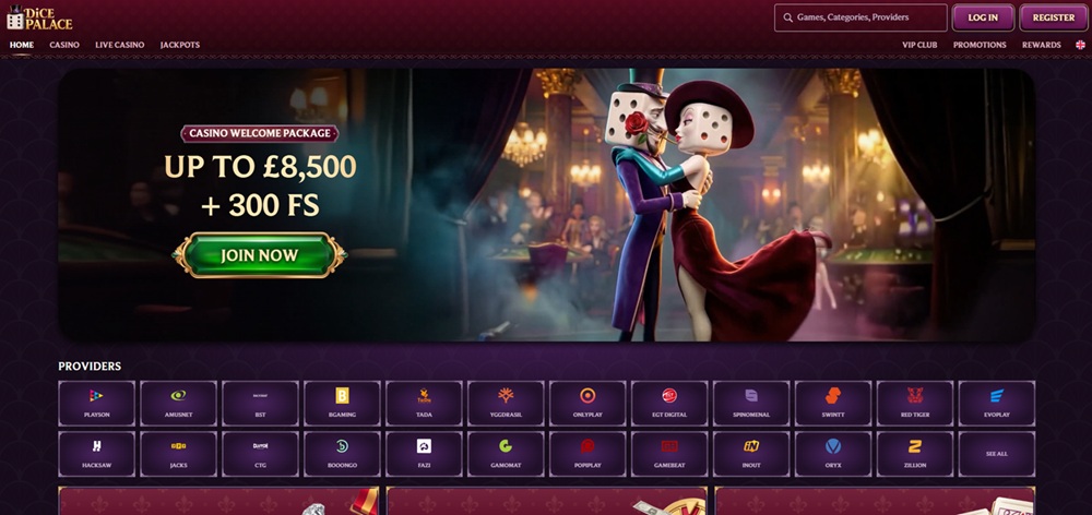 dice palace homepage with dice royalty banner and games rows