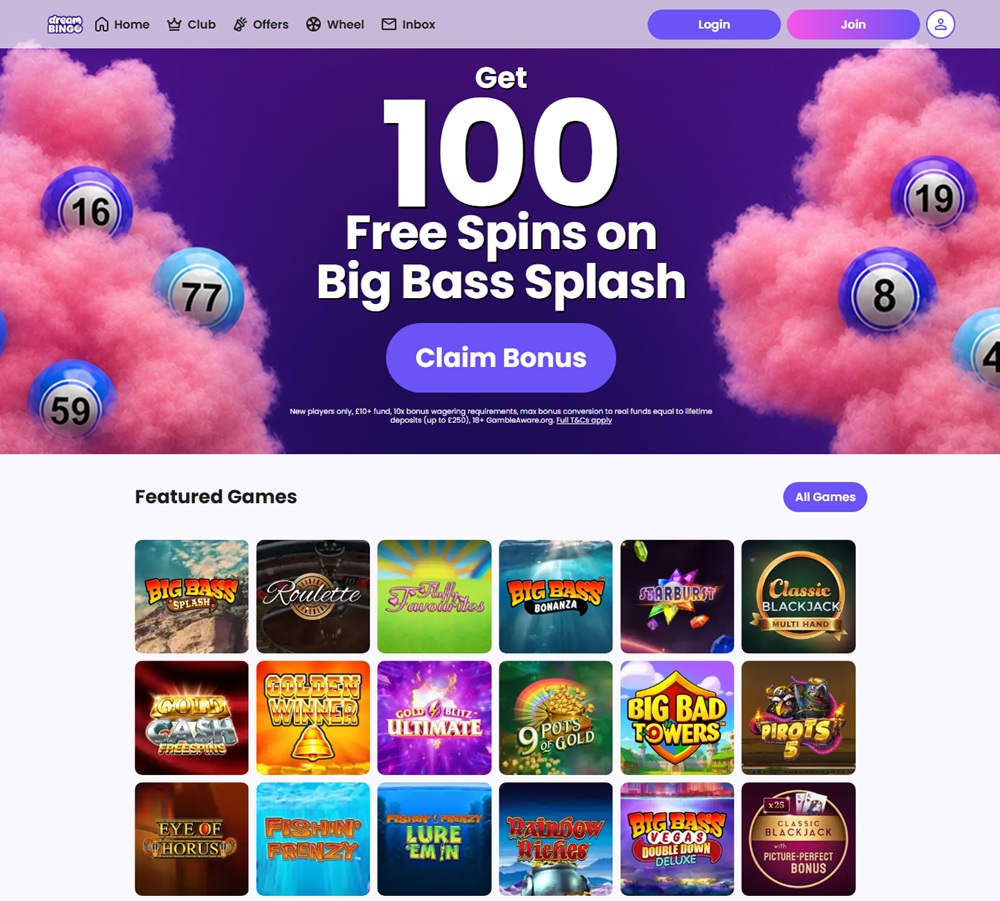 relaunched dream bingo homepage with 100 free spins offer