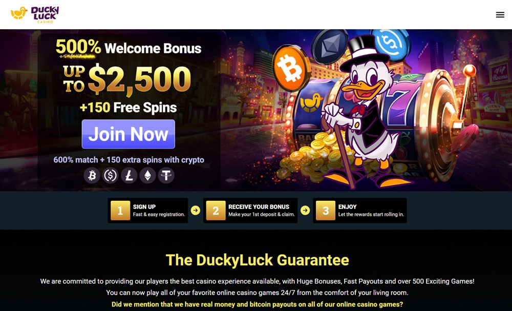 ducky luck casino homepage showing the top-hatted duck mascot beside the 500 percent welcome offer