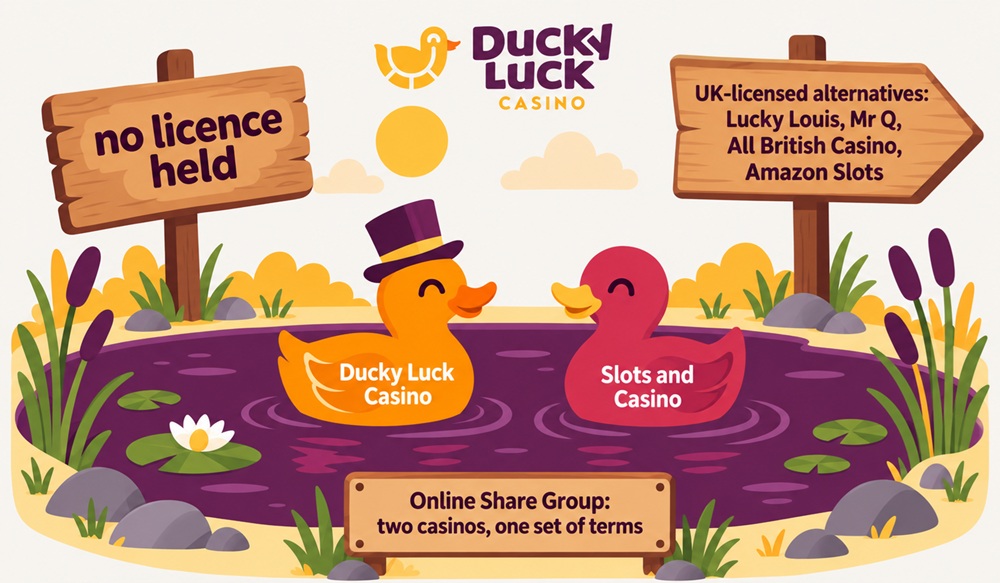 duck pond diagram of ducky luck casino, slots and casino and the blank licence signpost