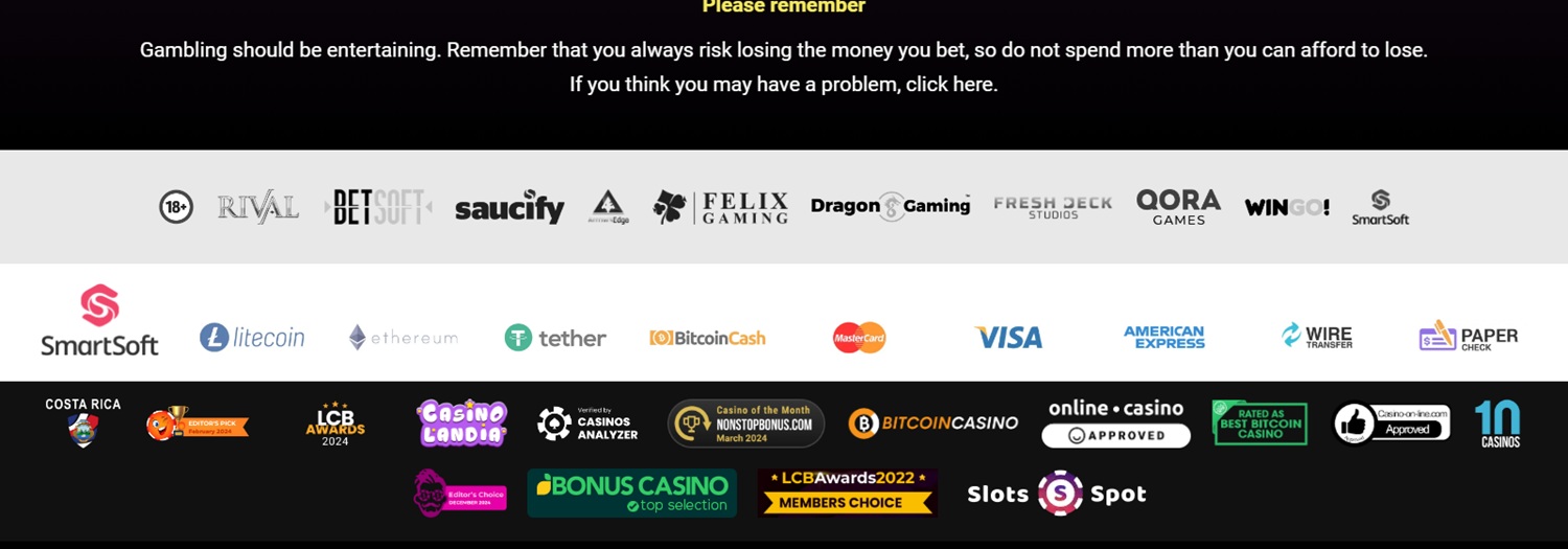 ducky luck casino footer showing a costa rica coat of arms and marketing badges but no licence