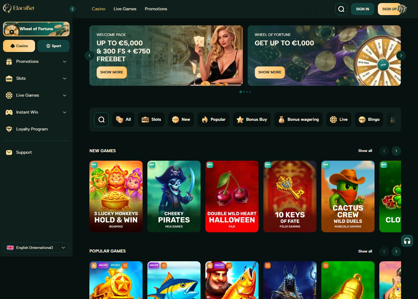elarabet homepage with the elara welcome pack banner