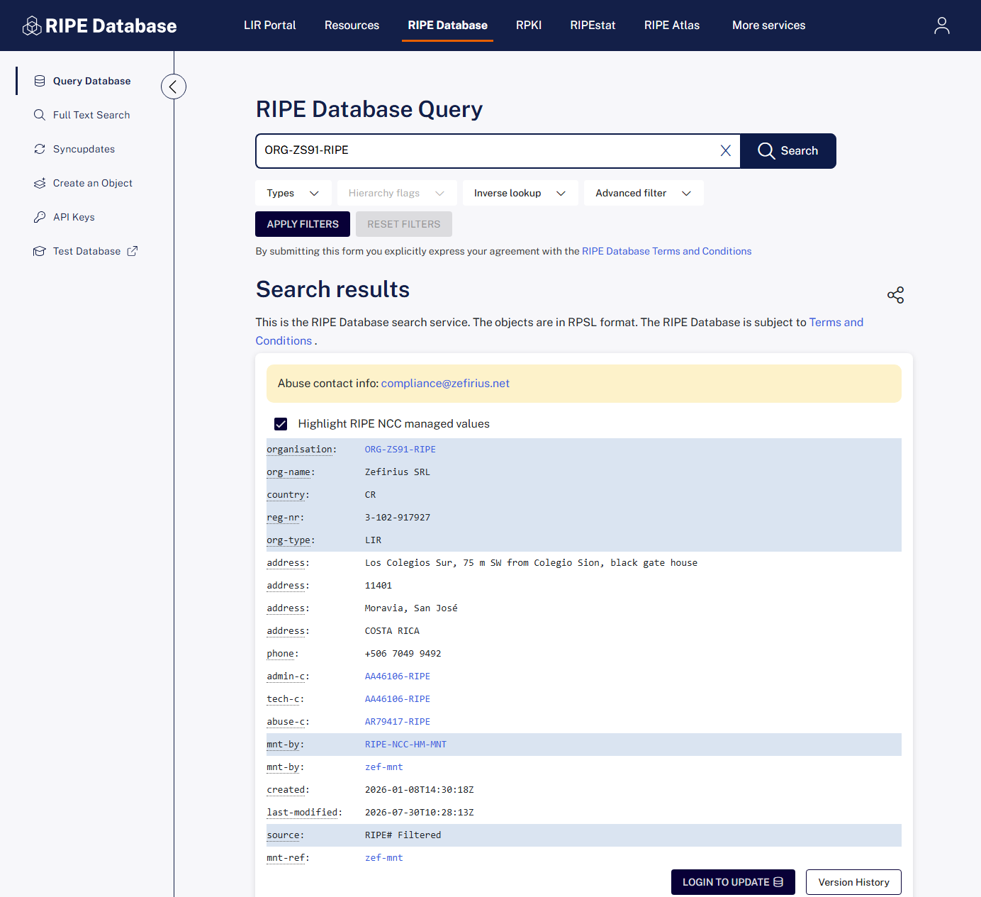 ripe database organisation record for zefirius srl in costa rica