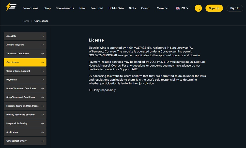 electric wins licence page naming high voltage nv and a curacao permit number