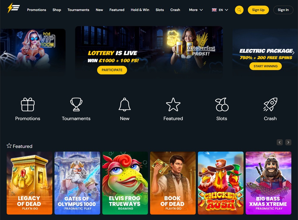 electric wins homepage with oktoberfest lottery and 750 percent package banners