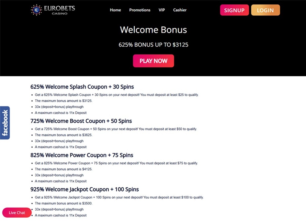 eurobets casino welcome bonus tiers showing 33x playthrough and 11x deposit maximum cashout