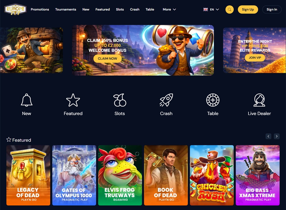 europe 777 casino homepage in eu style blue and gold colours