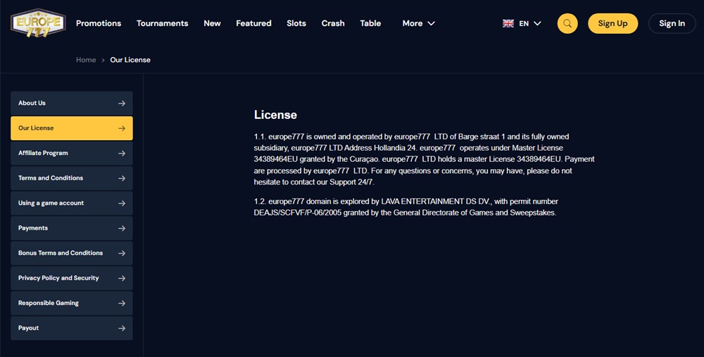 europe 777 casino licence page claiming master license 34389464eu