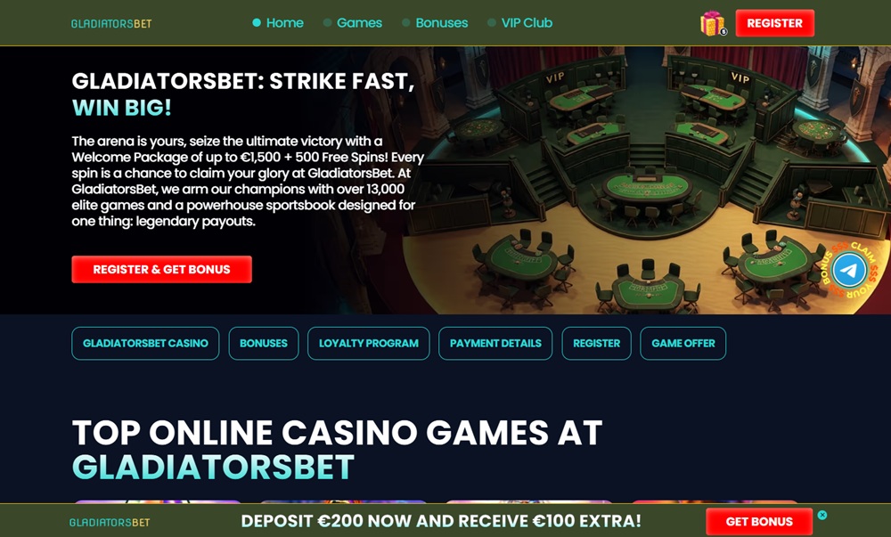 the gladiatorsbet.net lookalike site with its invented welcome package