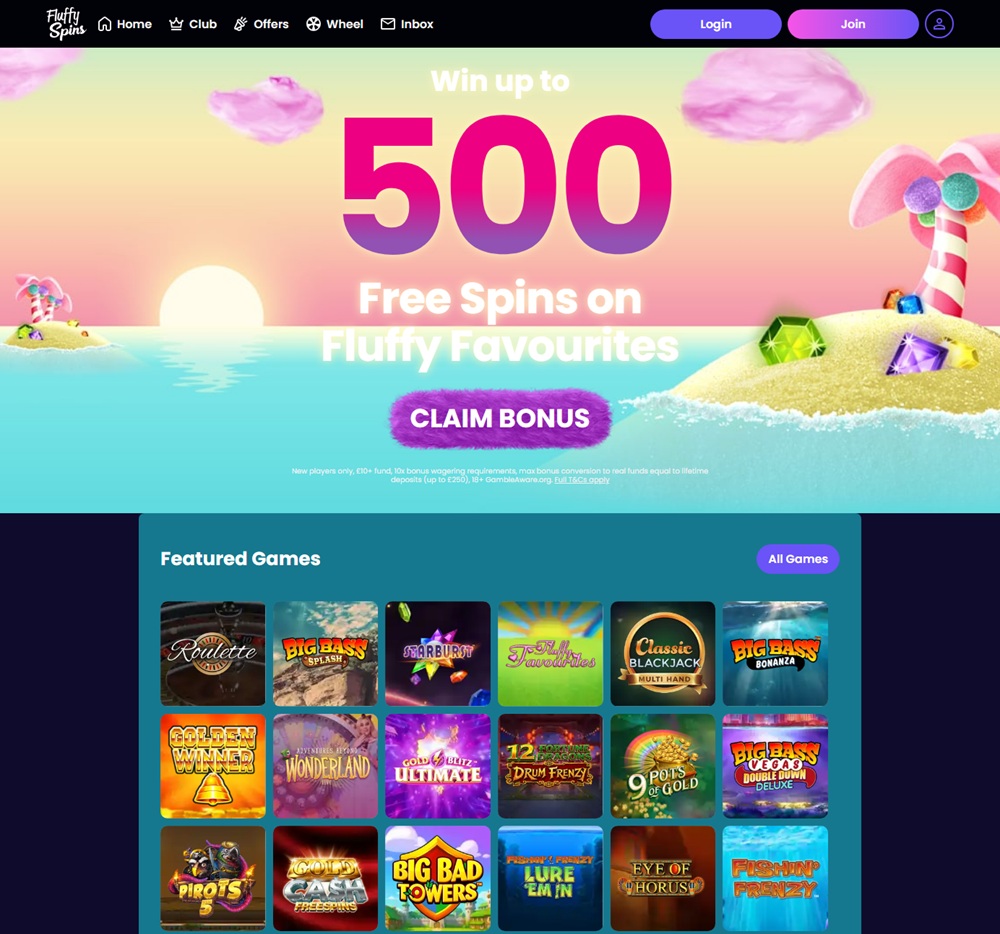 fluffy spins homepage with candy island banner and featured games