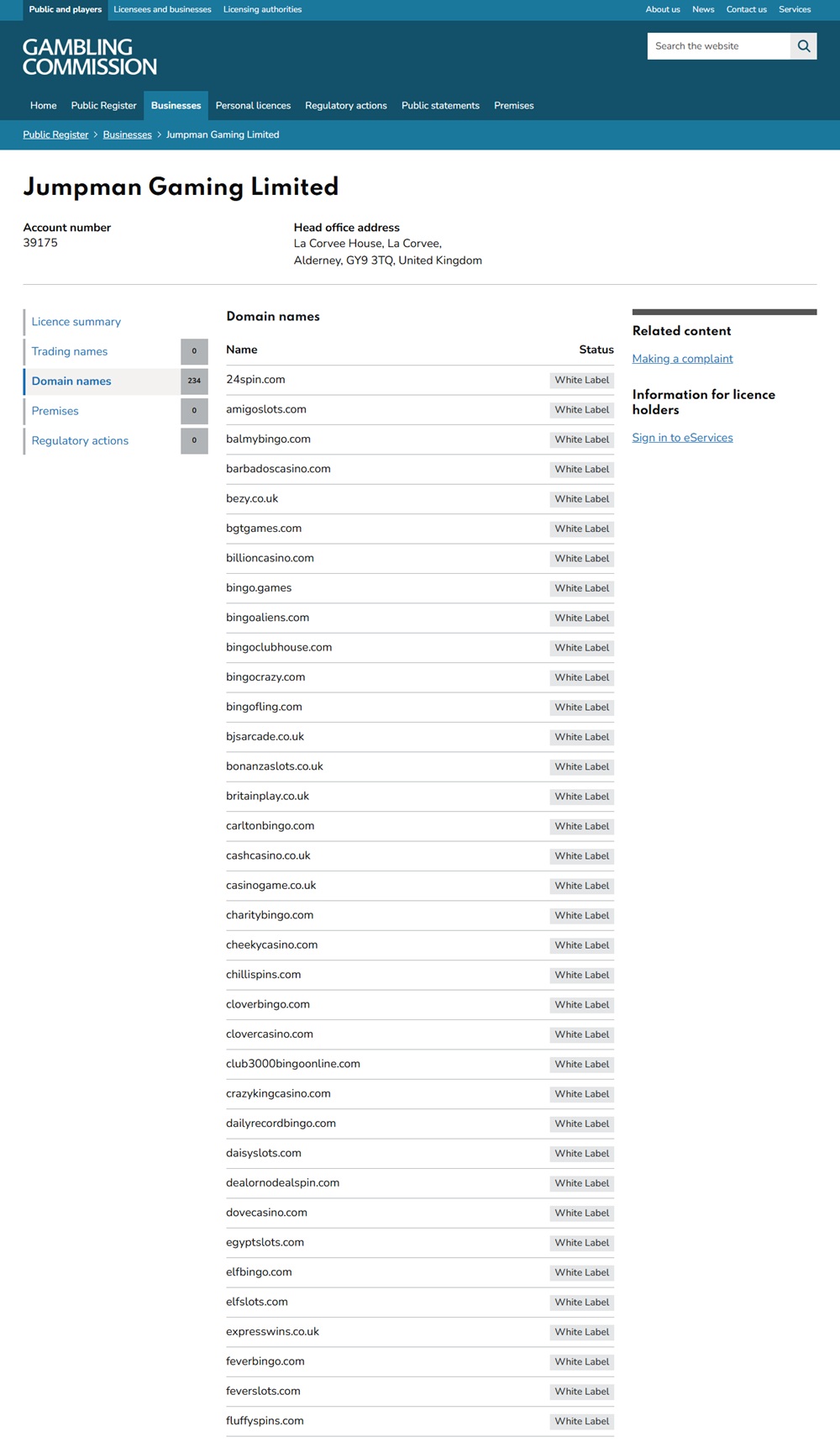 jumpman gaming register entry showing fluffyspins.com as a white label