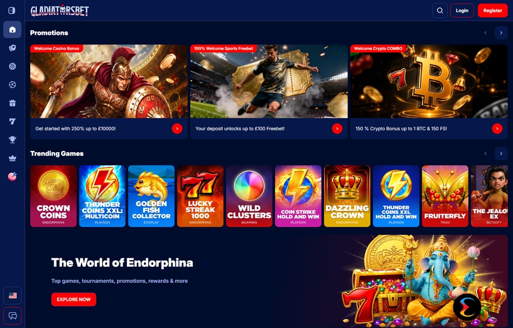gladiatorsbet homepage showing the gladiator welcome banner and its alternative trending row