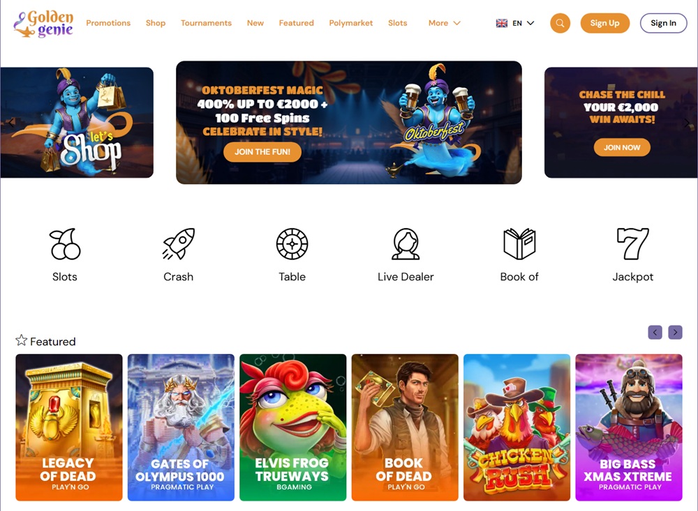 golden genie casino homepage with genie mascot and oktoberfest banner