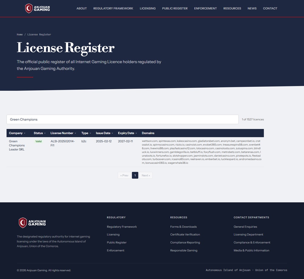 Anjouan Gaming register listing for Green Champions Leader SRL with forty casino domains including svenbet46.com