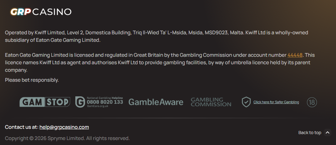 grp casino footer naming kwiff limited as operator under eaton gate gaming's licence