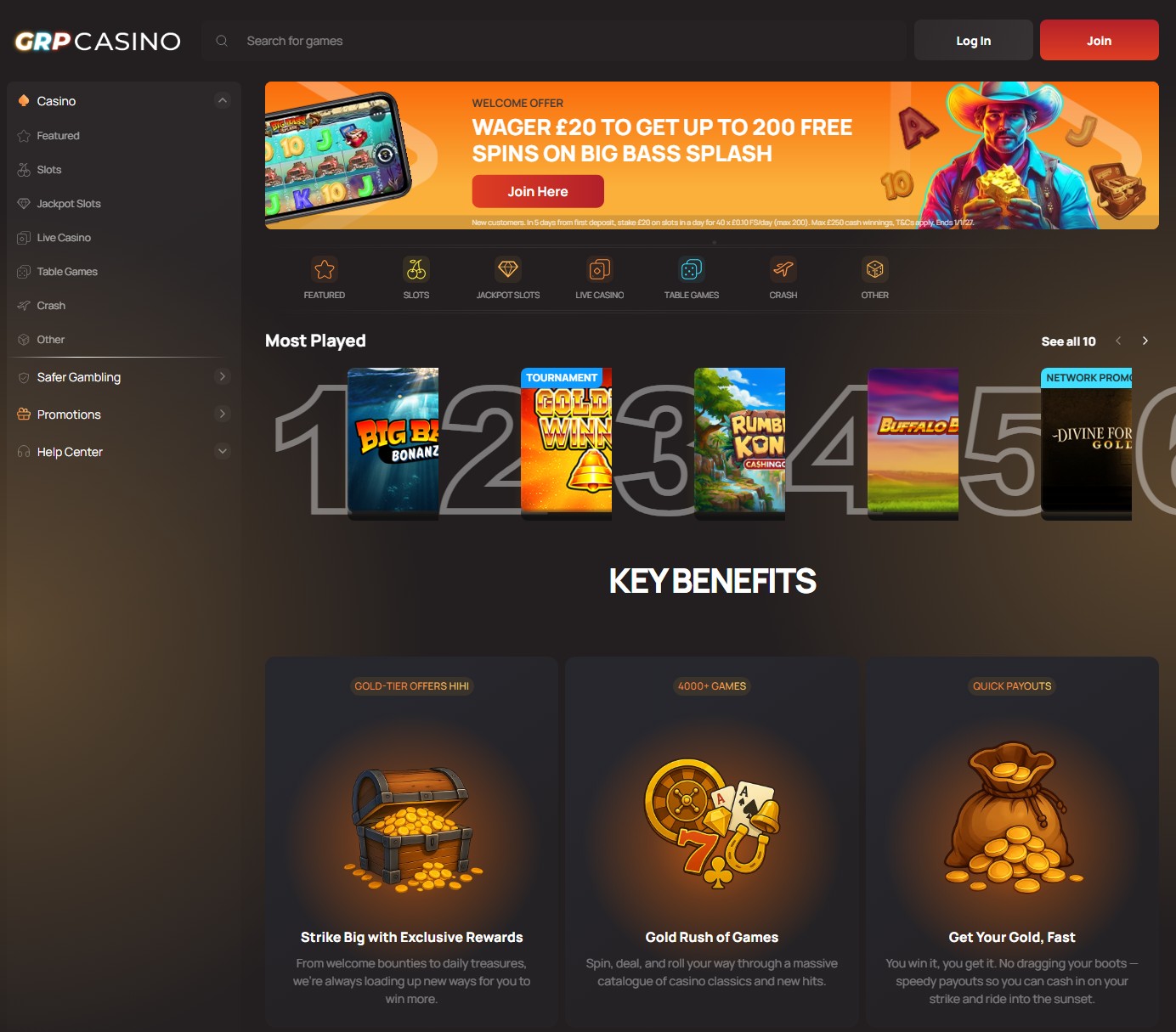 grp casino homepage with the gold rush welcome banner