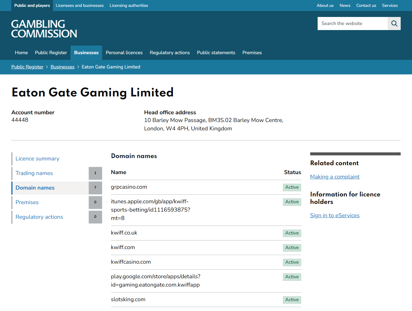 eaton gate gaming ukgc register entry listing grp casino, kwiff and slotsking