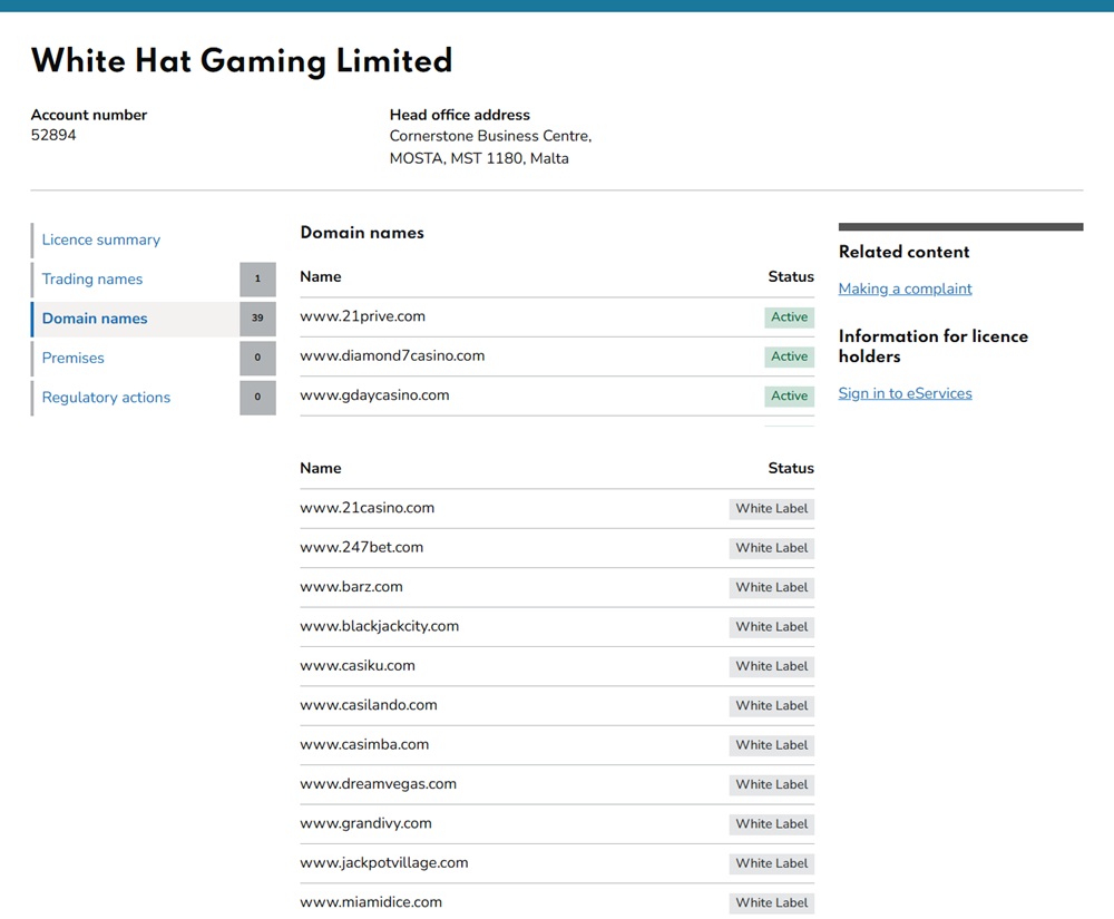gambling commission register showing jackpotvillage.com in white hat gaming's white label table