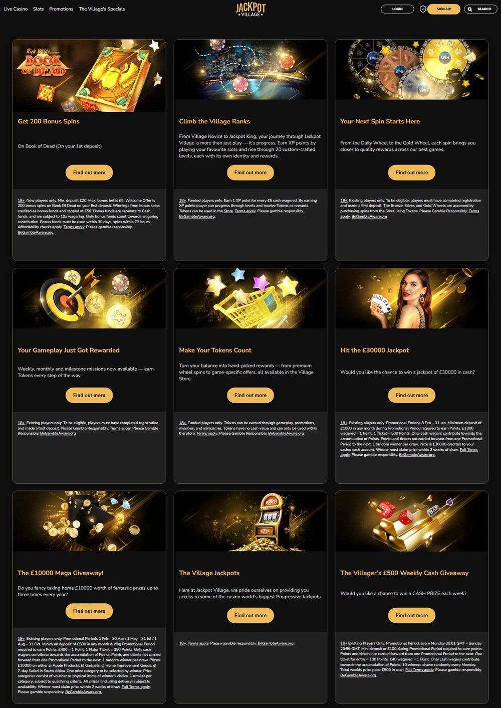 jackpot village promotions page showing the village ranks and prize draw tiles