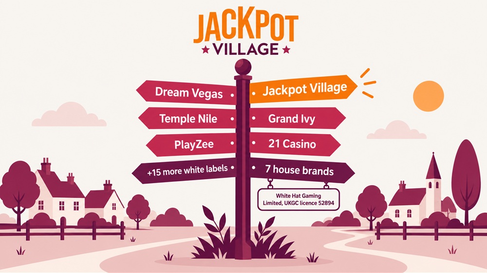 village signpost diagram of jackpot village's sister sites on white hat gaming's licence