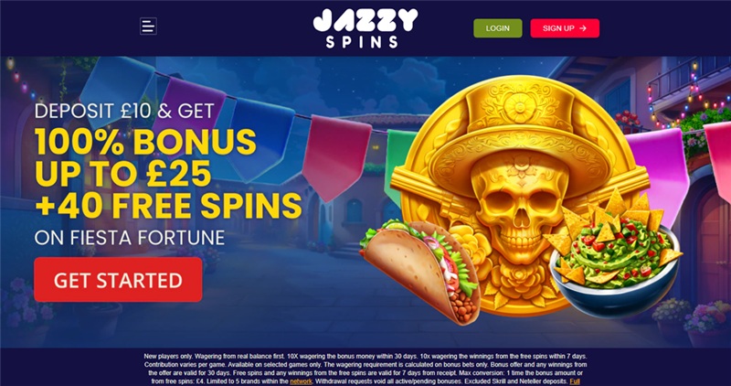 jazzy spins homepage showing the fiesta fortune welcome banner