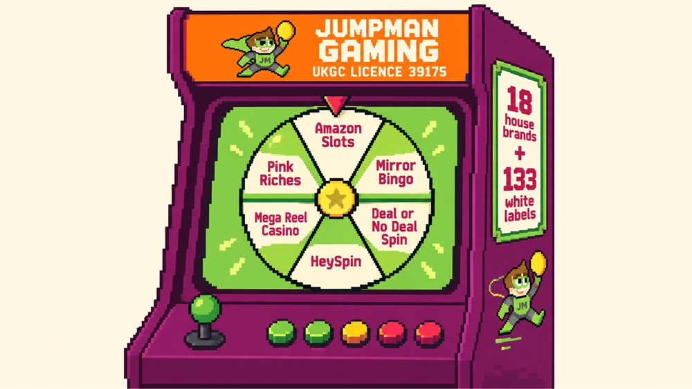 diagram of the Jumpman Gaming network as a pixel arcade machine spinning six brand names on one wheel
