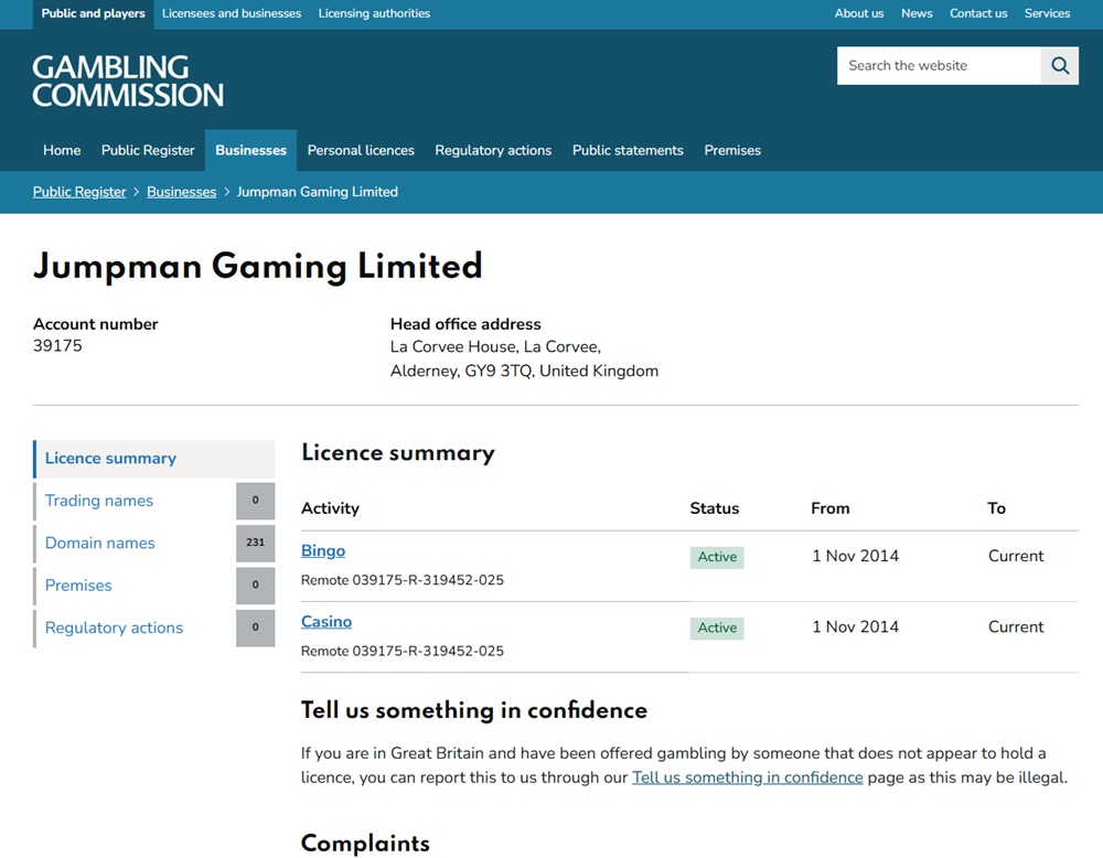 gambling commission register entry for jumpman gaming limited, 24spin casino's current licensee