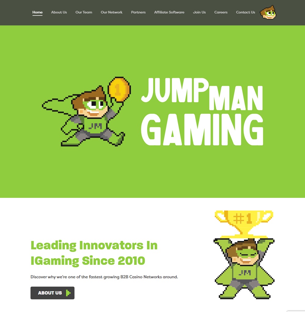 Jumpman Gaming's corporate homepage with its pixel superhero mascot