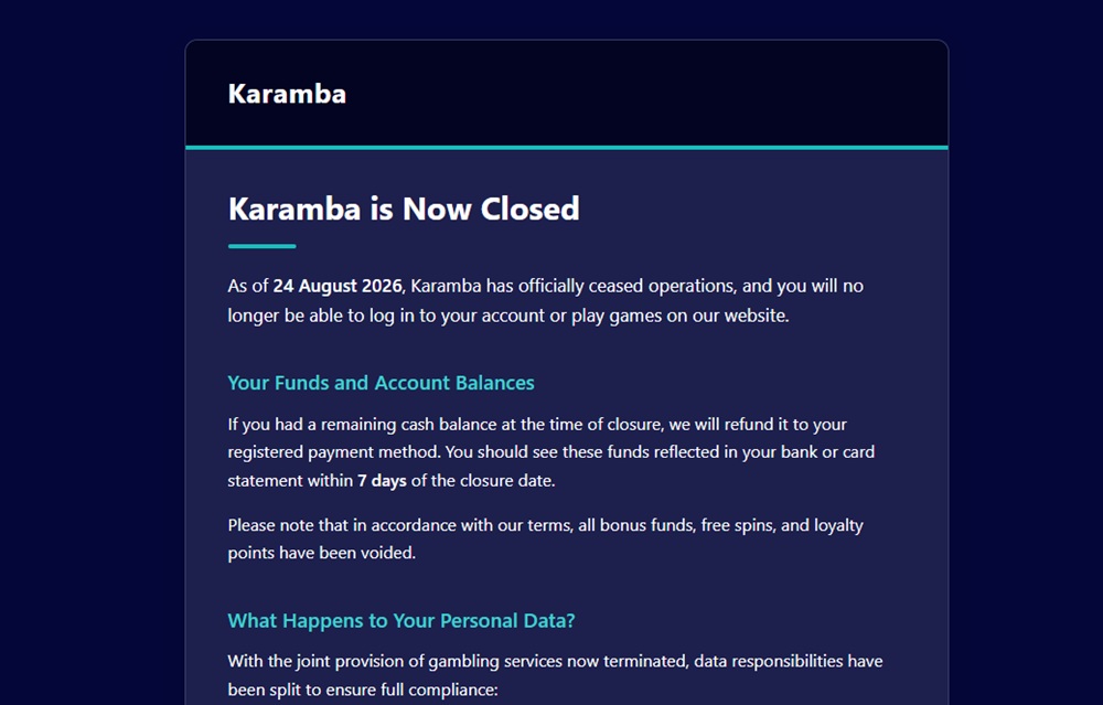 karamba's homepage showing its closure notice