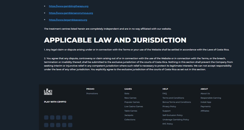 loki casino terms naming costa rica courts above a footer with no licence