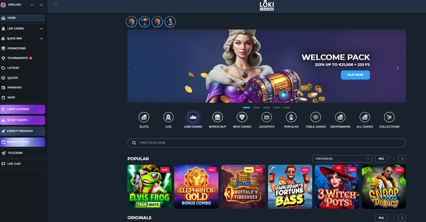 loki casino homepage with welcome pack banner and loki games category