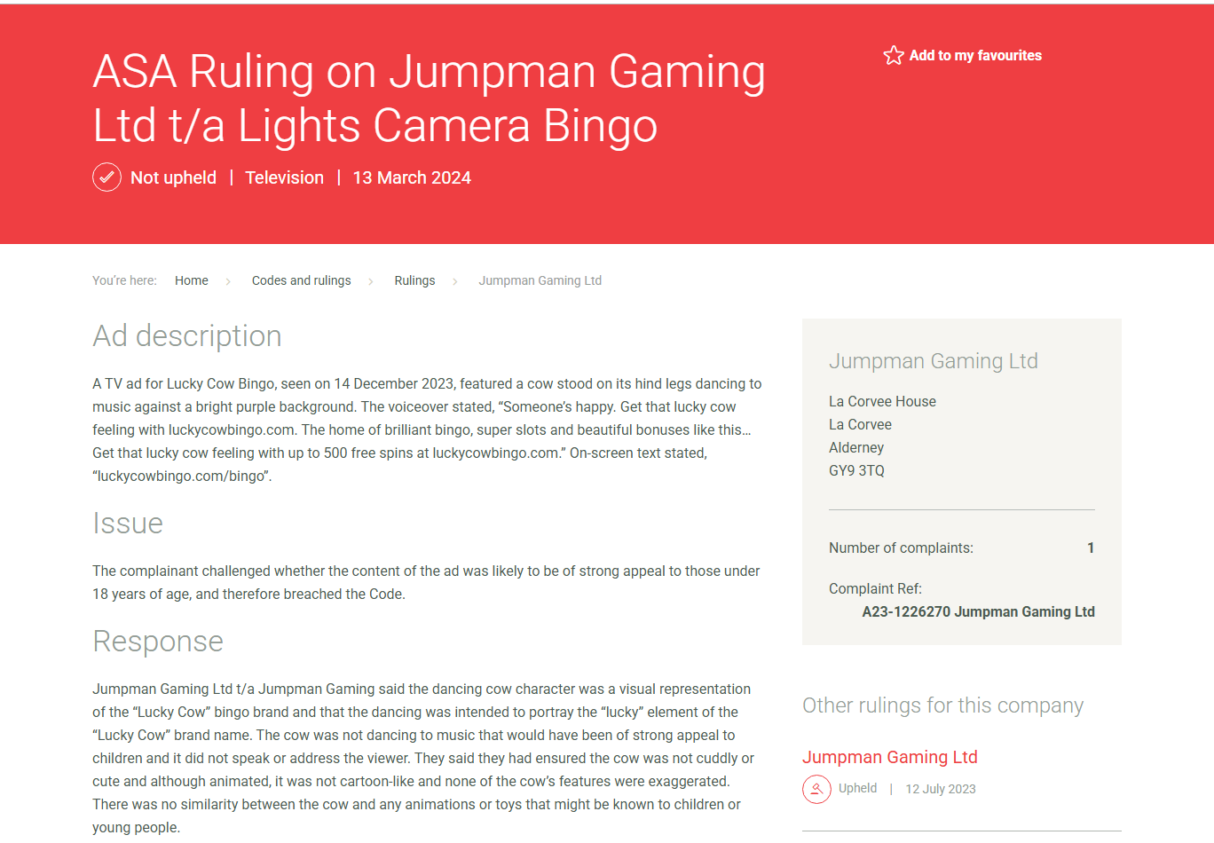 asa ruling on the lucky cow bingo dancing cow tv advert