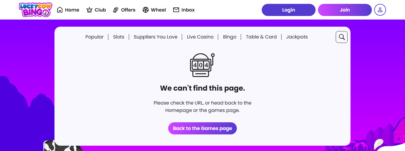 lucky cow bingo page not found message after clicking to play bingo