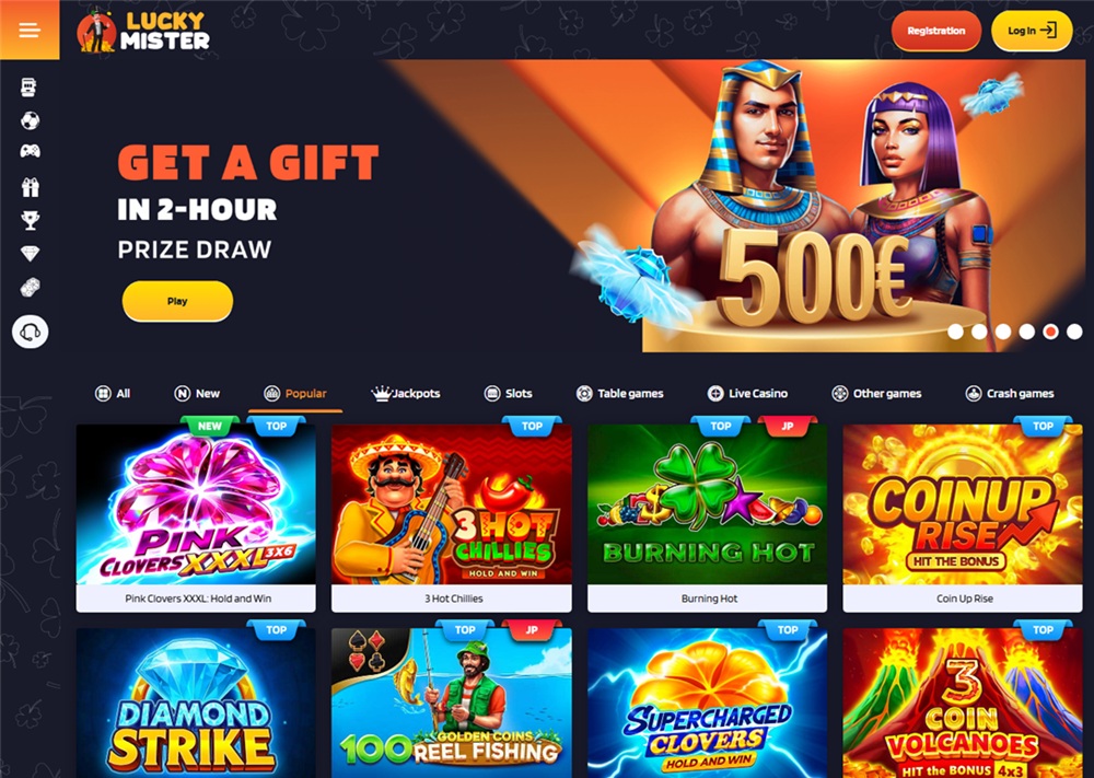 lucky mister casino homepage showing the prospector mascot and 500 percent welcome banner