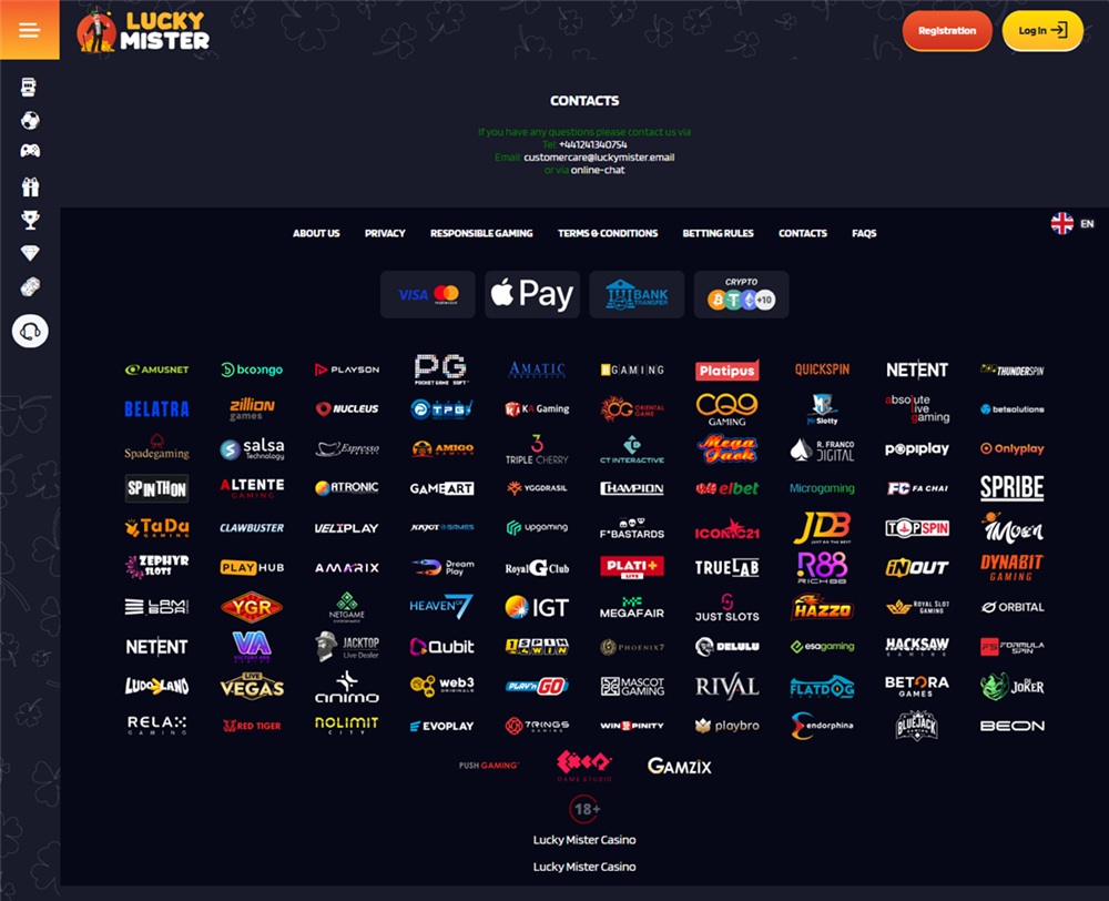 lucky mister contacts page and footer showing no operator or licence information