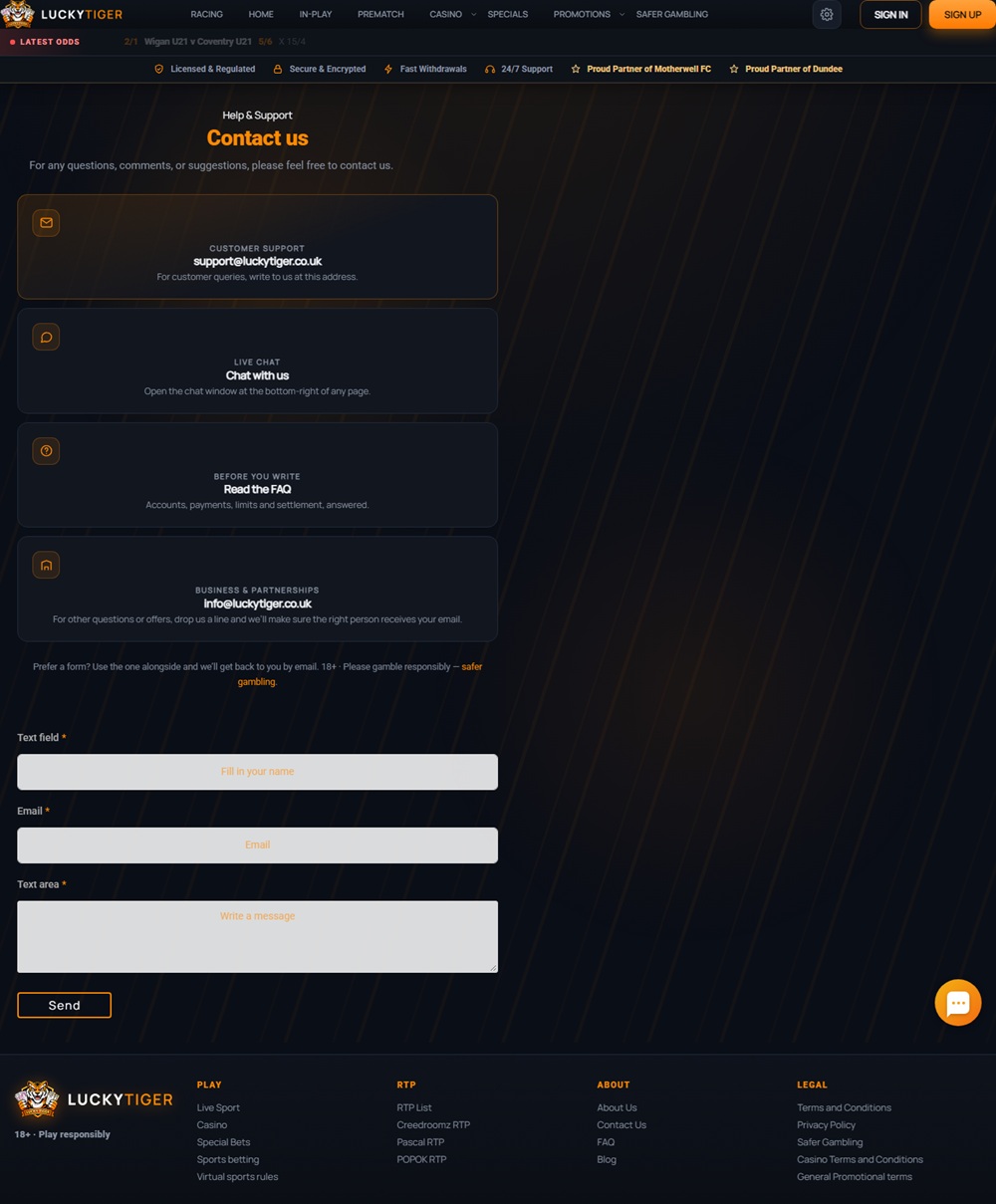 lucky tiger contact page showing email, chat and form options