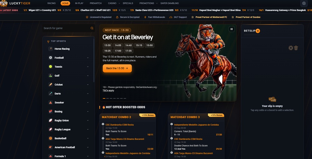 lucky tiger homepage with motherwell and dundee partner strips