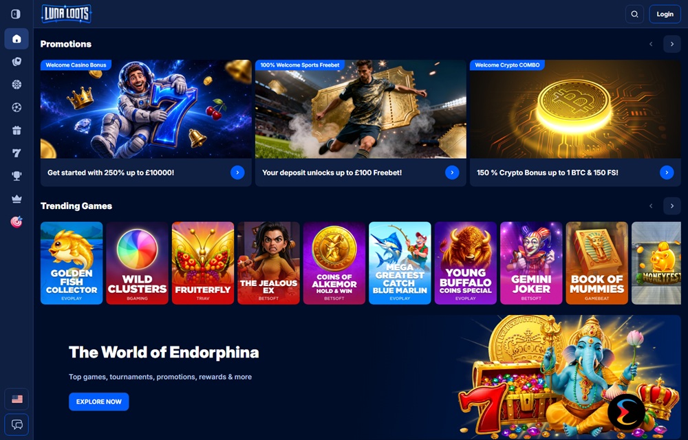 luna loots homepage showing the astronaut welcome banner and trending games row