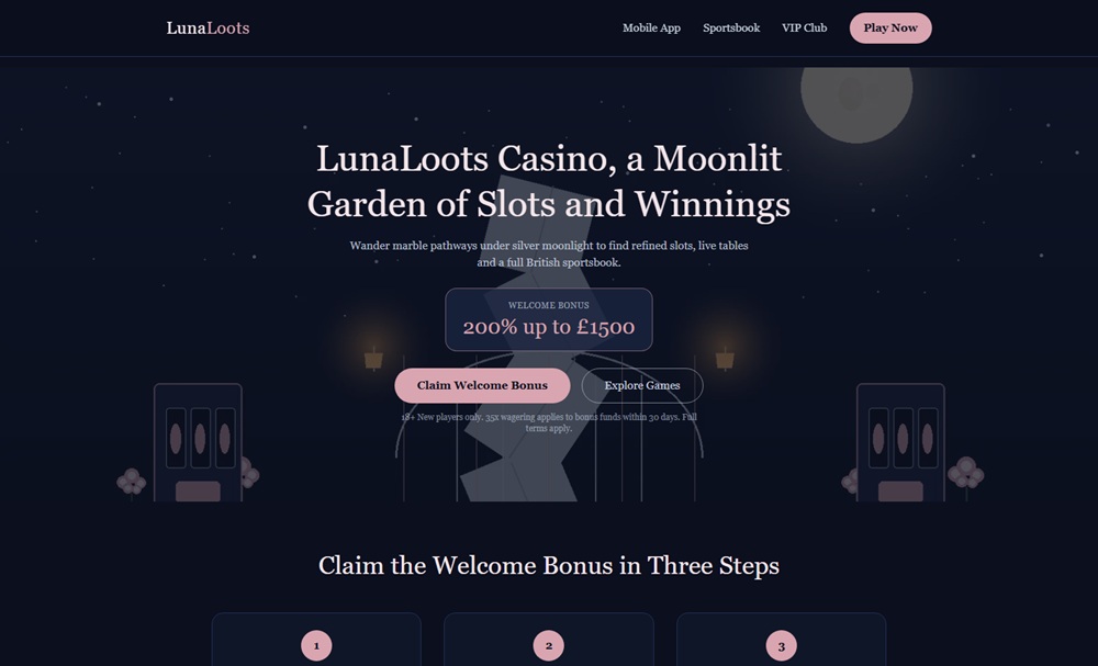 the lunaloots.org.uk lookalike site with its moon garden theme and invented welcome offer