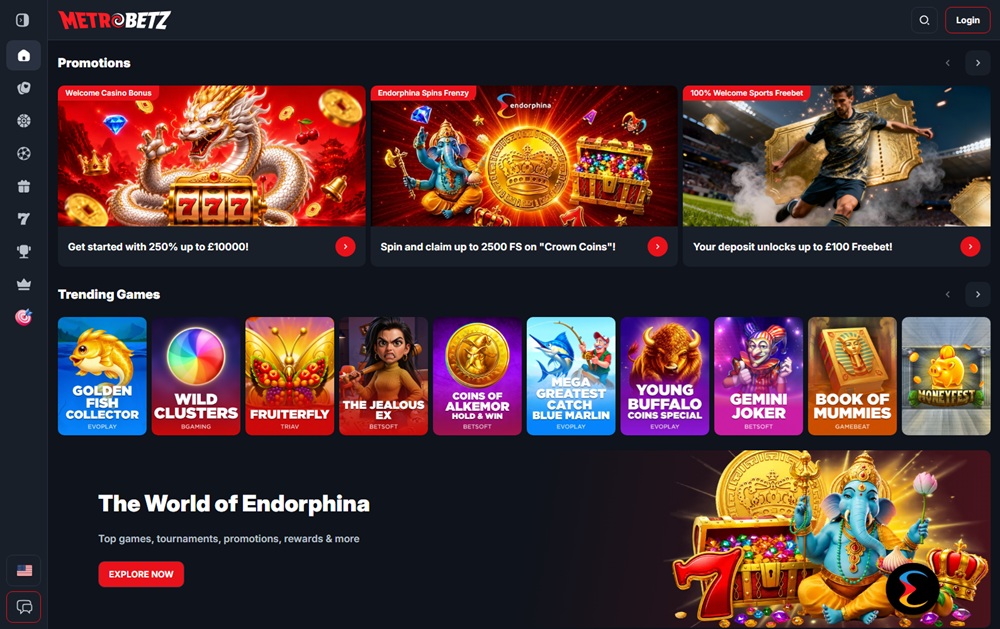 metrobetz homepage showing the golden dragon welcome banner and trending games row