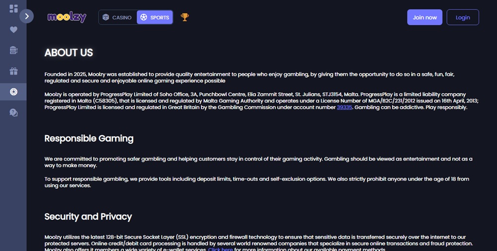 moolzy about page stating founded in 2025 with progressplay named below