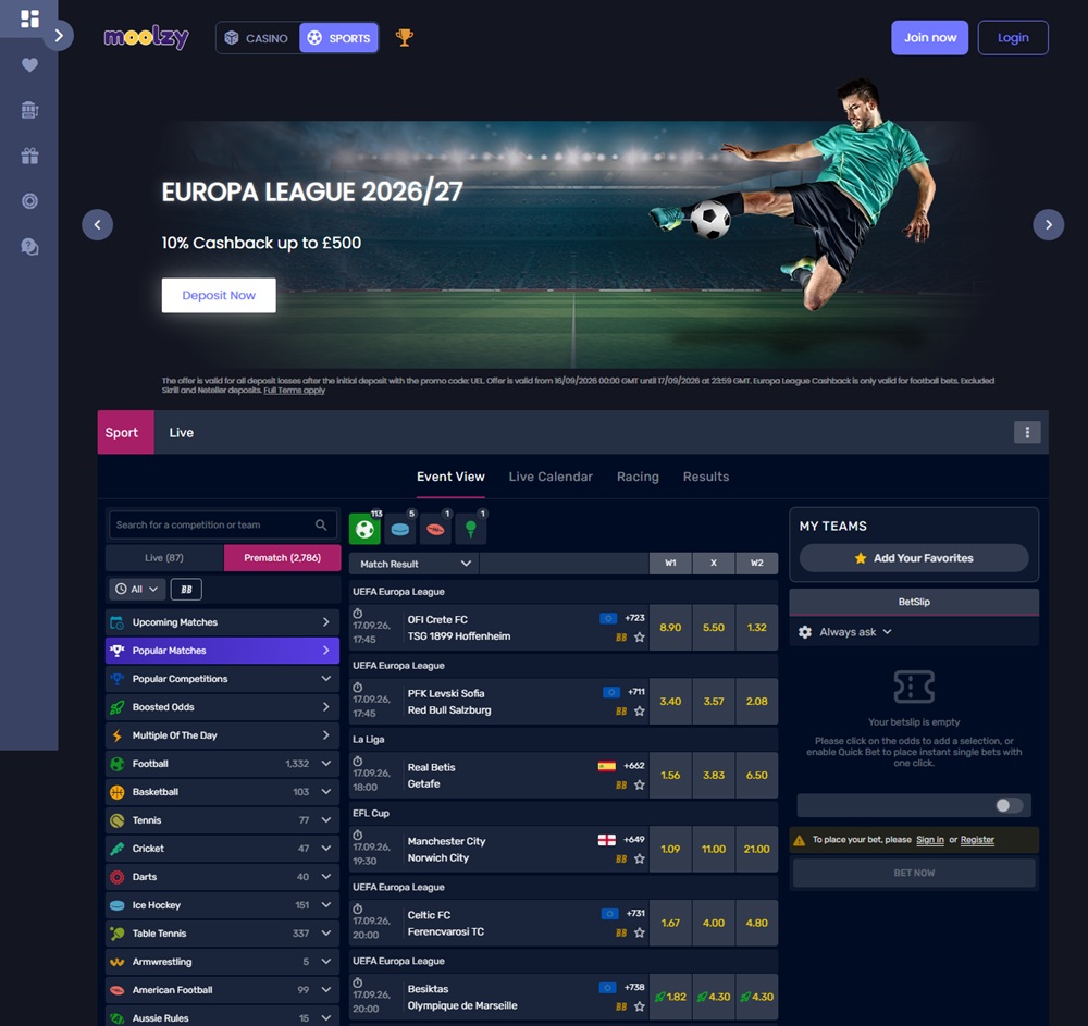 moolzy sportsbook showing current european fixtures and betting markets