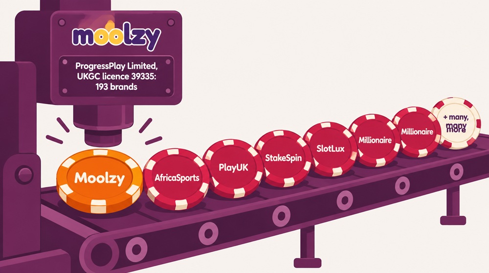 conveyor belt diagram of moolzy and its sister sites on progressplay's licence