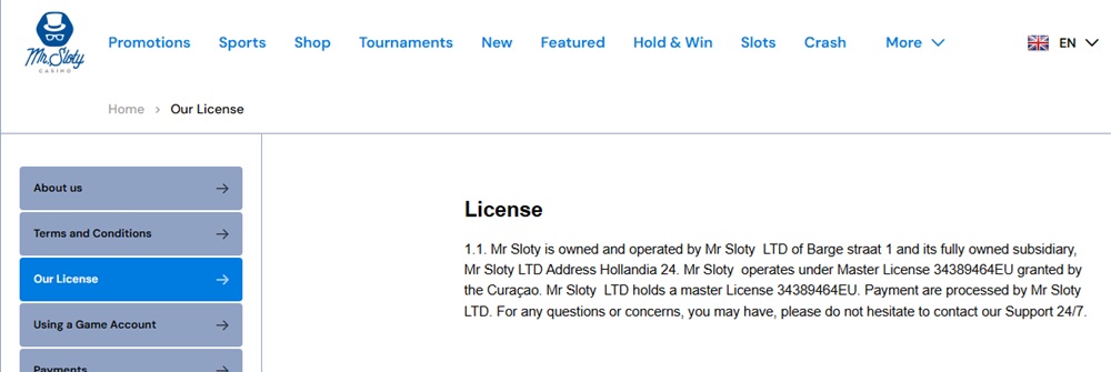 mr sloty casino licence page showing the unverifiable master licence claim