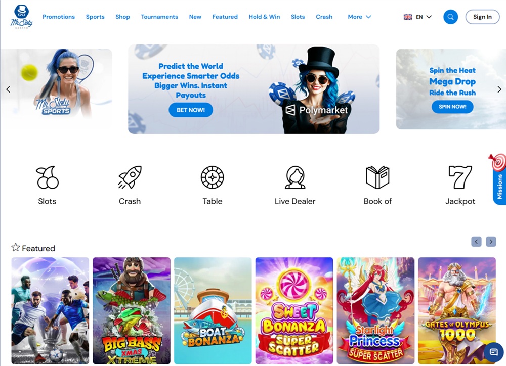 mr sloty casino homepage showing the top hat logo, sportsbook menu and featured slots