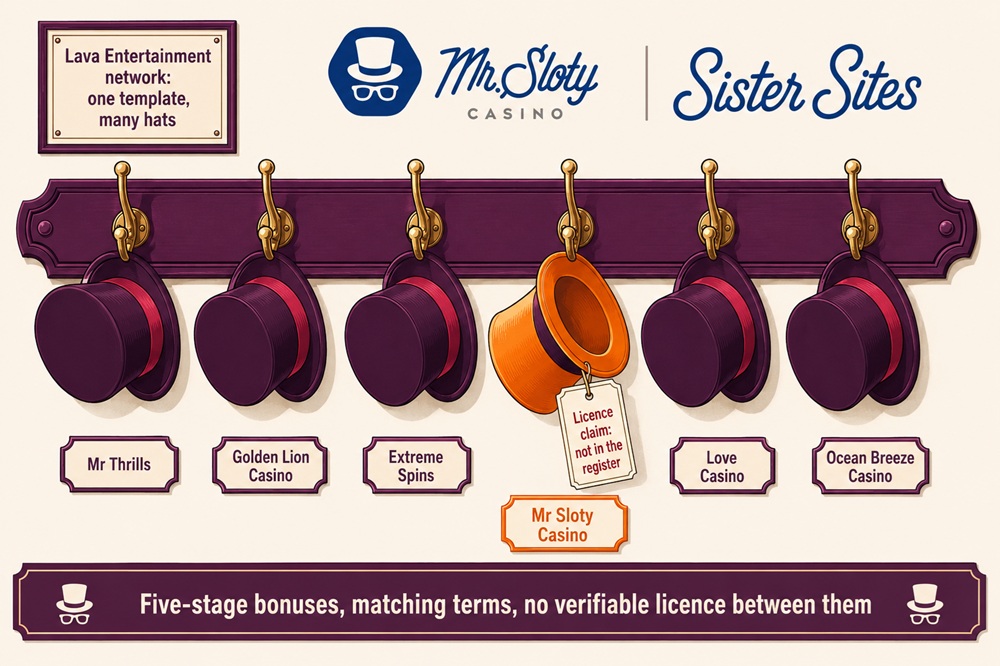 cloakroom diagram of mr sloty casino and its sister sites hanging as top hats on one lava network rack