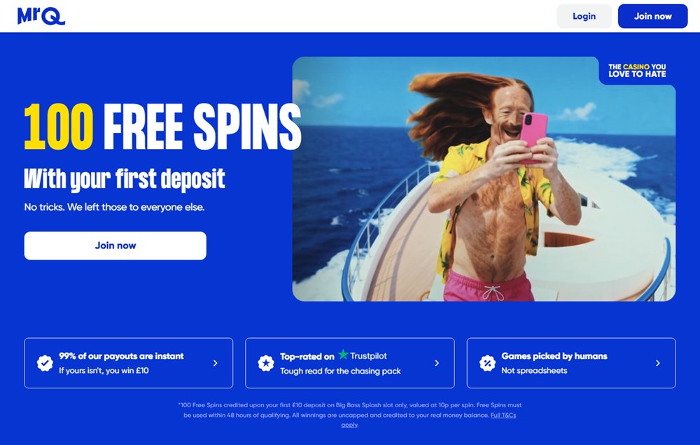 mrq homepage with its 100 free spins offer and withdrawal guarantee