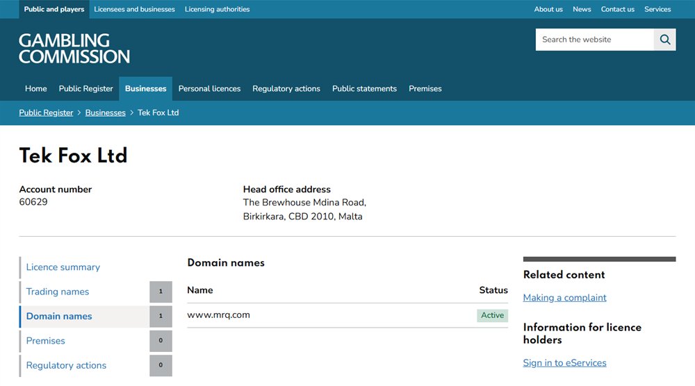 gambling commission register showing mrq.com as tek fox ltd's only domain