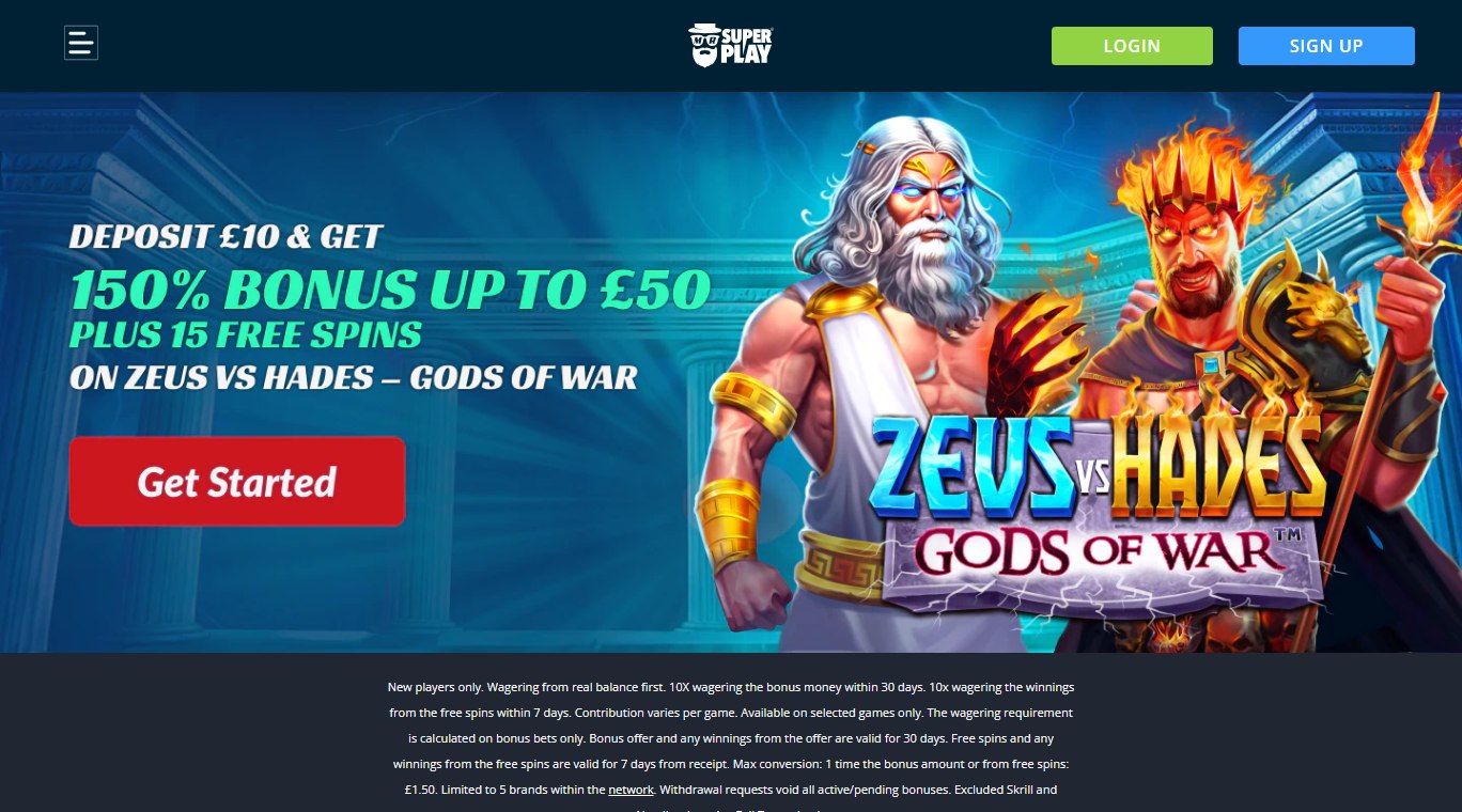 mr superplay homepage with the zeus vs hades welcome banner